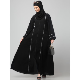 NAZNEEN FRONT OPEN WITH ZIP CONTRAST PIPING AT FRONT AND SLEEVES MATT NIDA ABAYA WITH HIJAB