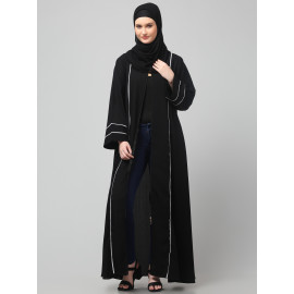 NAZNEEN FRONT OPEN WITH ZIP CONTRAST PIPING AT FRONT AND SLEEVES MATT NIDA ABAYA WITH HIJAB