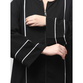 NAZNEEN FRONT OPEN WITH ZIP CONTRAST PIPING AT FRONT AND SLEEVES MATT NIDA ABAYA WITH HIJAB