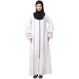 NAZNEEN FRONT OPEN WITH ZIP CONTRAST PIPING AT FRONT AND SLEEVES MATT NIDA ABAYA WITH HIJAB