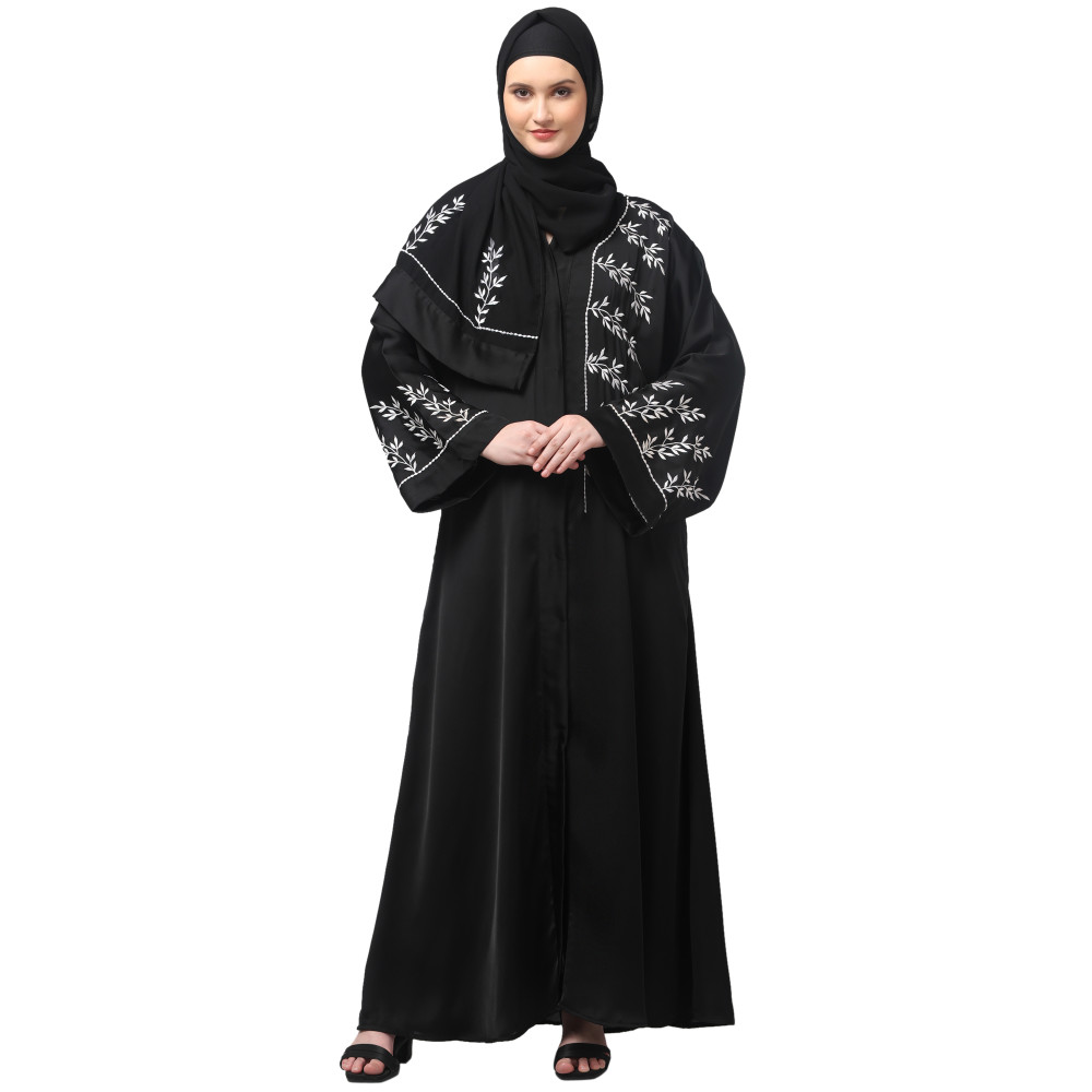 NAZNEEN ONE SIDE FRONT SLEEVES AND HIJAB EMBROIDERED FRONT OPEN ABAYA