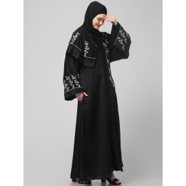 NAZNEEN ONE SIDE FRONT SLEEVES AND HIJAB EMBROIDERED FRONT OPEN ABAYA