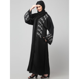 NAZNEEN ONE SIDE FRONT SLEEVES AND HIJAB EMBROIDERED FRONT OPEN ABAYA