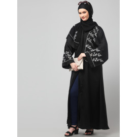 NAZNEEN ONE SIDE FRONT SLEEVES AND HIJAB EMBROIDERED FRONT OPEN ABAYA