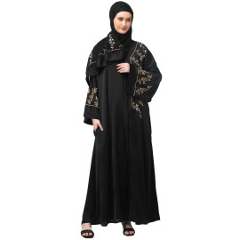 NAZNEEN ONE SIDE FRONT SLEEVES AND HIJAB EMBROIDERED FRONT OPEN ABAYA