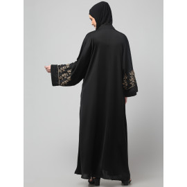 NAZNEEN ONE SIDE FRONT SLEEVES AND HIJAB EMBROIDERED FRONT OPEN ABAYA