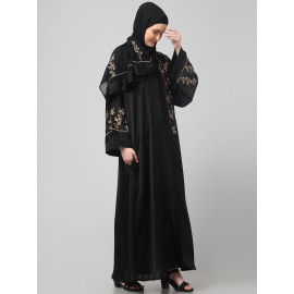 NAZNEEN ONE SIDE FRONT SLEEVES AND HIJAB EMBROIDERED FRONT OPEN ABAYA