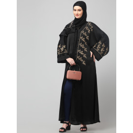 NAZNEEN ONE SIDE FRONT SLEEVES AND HIJAB EMBROIDERED FRONT OPEN ABAYA
