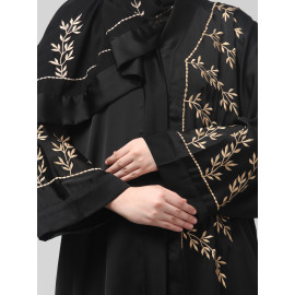 NAZNEEN ONE SIDE FRONT SLEEVES AND HIJAB EMBROIDERED FRONT OPEN ABAYA