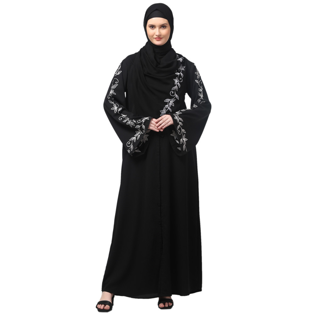 NAZNEEN SLEEVE AND HIJAB LEAF EMBROIDERED FRONT OPEN ABAYA