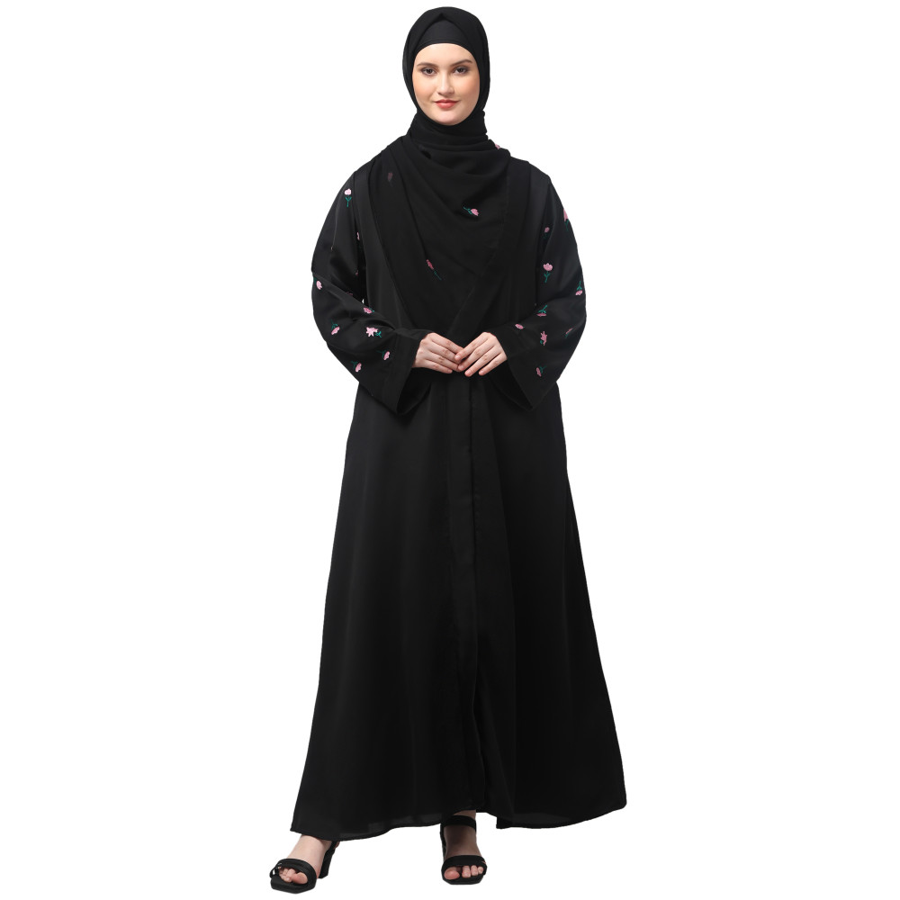 Nazneen Sleeves and Hijab Thread Embrodery Front Open Black Shine Nida Abaya