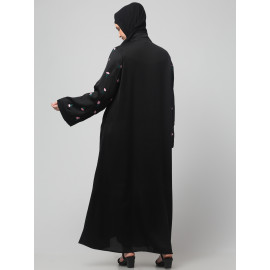 Nazneen Sleeves and Hijab Thread Embrodery Front Open Black Shine Nida Abaya