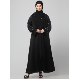 Nazneen Sleeves and Hijab Thread Embrodery Front Open Black Shine Nida Abaya