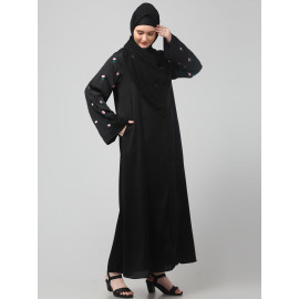 Nazneen Sleeves and Hijab Thread Embrodery Front Open Black Shine Nida Abaya