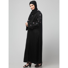 Nazneen Sleeves and Hijab Thread Embrodery Front Open Black Shine Nida Abaya