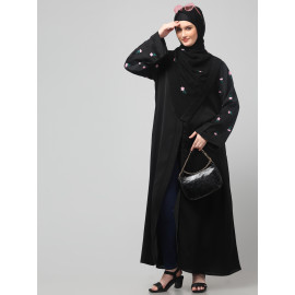 Nazneen Sleeves and Hijab Thread Embrodery Front Open Black Shine Nida Abaya