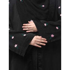 Nazneen Sleeves and Hijab Thread Embrodery Front Open Black Shine Nida Abaya