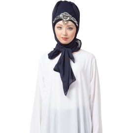 Nazneen Ready To Wear Navy Hand Work Turban With Attached Hijab