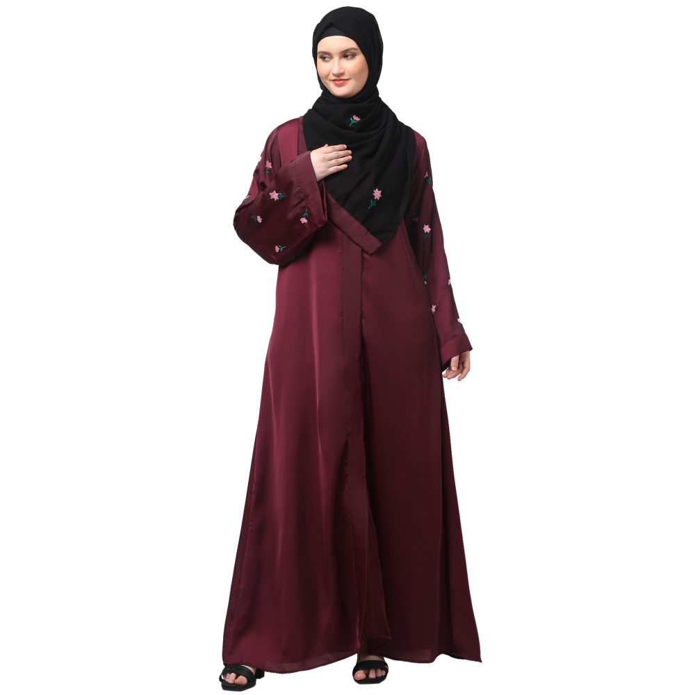 Nazneen Sleeves and Hijab Thread Embrodery Front Open Wine Abaya