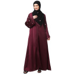 Nazneen Sleeves and Hijab Thread Embrodery Front Open Wine Abaya