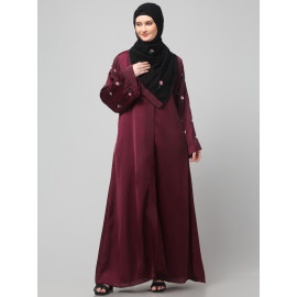 Nazneen Sleeves and Hijab Thread Embrodery Front Open Wine Abaya