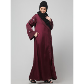 Nazneen Sleeves and Hijab Thread Embrodery Front Open Wine Abaya