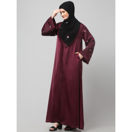 Nazneen Sleeves and Hijab Thread Embrodery Front Open Wine Abaya