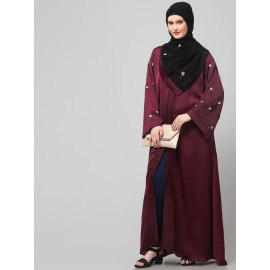 Nazneen Sleeves and Hijab Thread Embrodery Front Open Wine Abaya