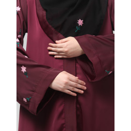 Nazneen Sleeves and Hijab Thread Embrodery Front Open Wine Abaya