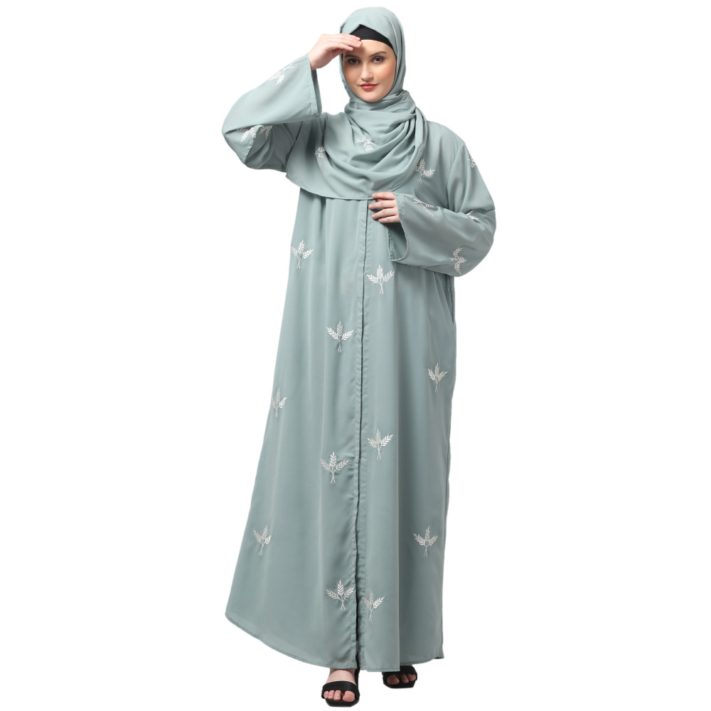 NAZNEEN ALL OVER AND HIJAB 3 LEAF EMBROIDERY FRONT OPEN ABAYA