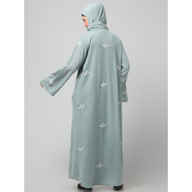 NAZNEEN ALL OVER AND HIJAB 3 LEAF EMBROIDERY FRONT OPEN ABAYA