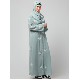NAZNEEN ALL OVER AND HIJAB 3 LEAF EMBROIDERY FRONT OPEN ABAYA