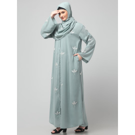 NAZNEEN ALL OVER AND HIJAB 3 LEAF EMBROIDERY FRONT OPEN ABAYA