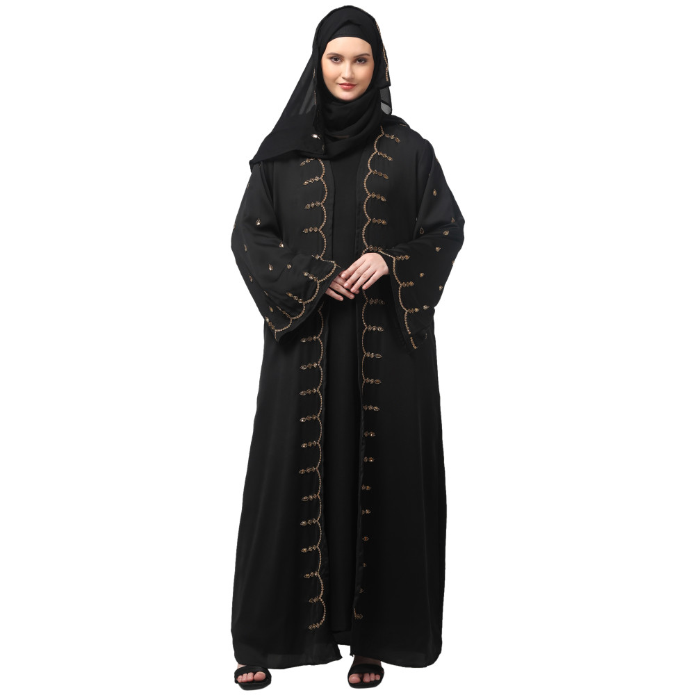 Nazneen  Both front shoulder to bottom , Sleeves and Hijab Stone Hand Embroidered with inner Cardigan Style Abaya with Hijab