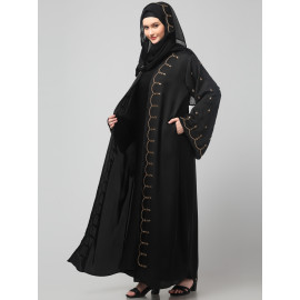 Nazneen  Both front shoulder to bottom , Sleeves and Hijab Stone Hand Embroidered with inner Cardigan Style Abaya with Hijab