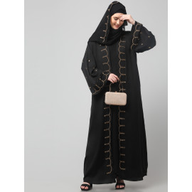 Nazneen  Both front shoulder to bottom , Sleeves and Hijab Stone Hand Embroidered with inner Cardigan Style Abaya with Hijab