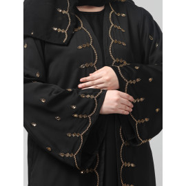 Nazneen  Both front shoulder to bottom , Sleeves and Hijab Stone Hand Embroidered with inner Cardigan Style Abaya with Hijab