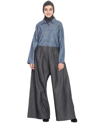 Nazneen Denim Pant Chambray Shirt Front Open Pant Abaya