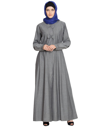 Nazneen Pin Tuck And Bow Front Open Denim Grey Jilbab