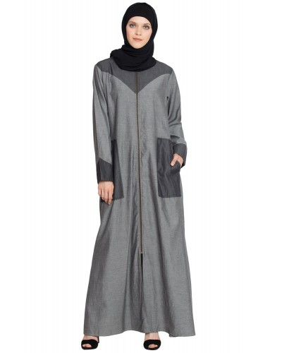 Nazneen Contrast Yoke Pocket Cuff Grey Black Denim Jilbab