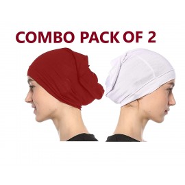 Nazneen Women's Tube Hijab Bonnet Cap Under Scarf Pullover Combo 2 Piece (White & Maroon)