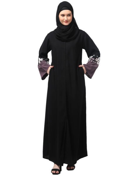 NAZNEEN EMBRODERY AND CONYTRAST  2 SIDE POCKET SLEEVES  FRONT OPEN ABAYA