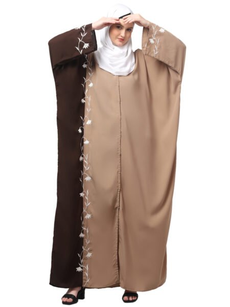 NAZNEEN EMBROIDERY AT FRON AND SLEEVES CONTRAST FRONT OPEN KAFTAN ABAYA WITH  HIJAB