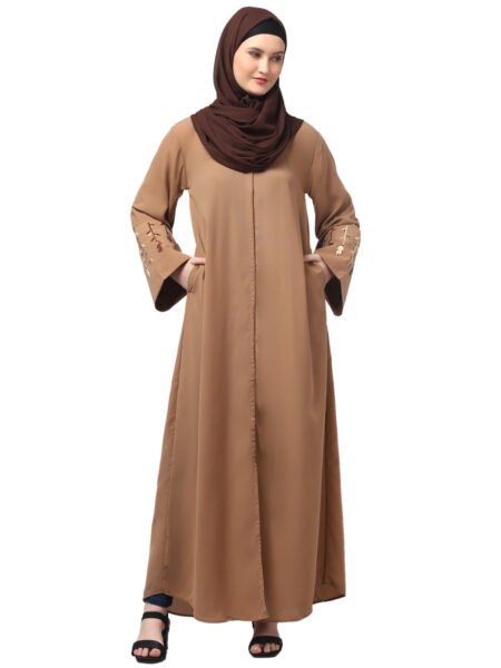 NAZNEEN EMBROIDERY AT SLEEVE 2 SIDE POCKET FRONT OPEN ABAYA