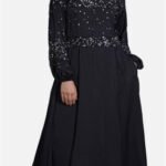 Nazneen Embellished Burqown Abaya with Balloon Sleeves & Wavy Pleats - M