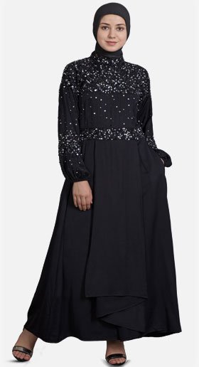 Nazneen Embellished Burqown Abaya with Balloon Sleeves & Wavy Pleats