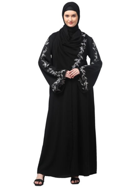 NAZNEEN SLEEVE AND HIJAB LEAF EMBROIDERED FRONT OPEN ABAYA