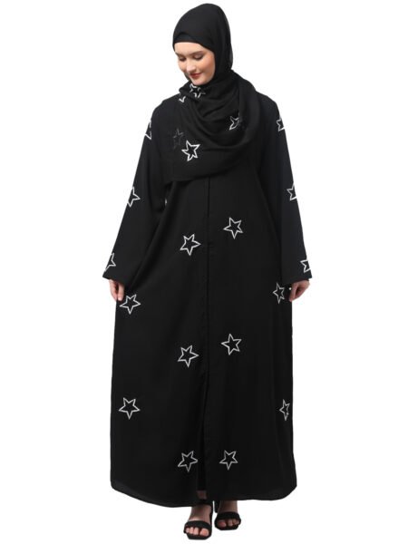 NAZNEEN ALL OVER AND HIJAB STAR EMBROIDERY FRONT OPEN ABAYA