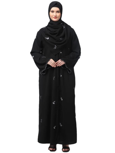 NAZNEEN ALL OVER AND HIJAB SMALL FLOWER EMBROIDERY FRONT OPEN ABAYA
