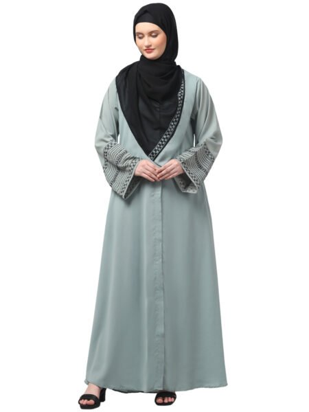 NAZNEEN SLEEVES AND HIJAB FLOWERS AND LINES EMBROIDRY FRONT OPEN ABAYA